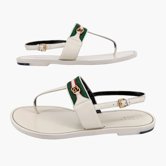 Gucci Jakarta GG T-Strap Flat Sandals Size 39.5 US 9.5 White Interlock Thong - Picture 8 of 14